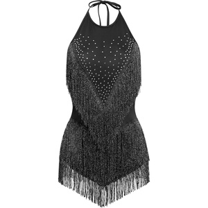 image:imageIDOPIP Women Latin Dance Fringe Dress Halter Sequin Bodysuit Outfit Tassel Dance Costume Salsa Ballroom Performance ClubwearBlack