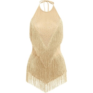 image:imageIDOPIP Women Latin Dance Fringe Dress Halter Sequin Bodysuit Outfit Tassel Dance Costume Salsa Ballroom Performance ClubwearGold