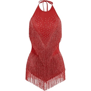 image:imageIDOPIP Women Latin Dance Fringe Dress Halter Sequin Bodysuit Outfit Tassel Dance Costume Salsa Ballroom Performance ClubwearRed
