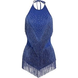 image:imageIDOPIP Women Latin Dance Fringe Dress Halter Sequin Bodysuit Outfit Tassel Dance Costume Salsa Ballroom Performance ClubwearRoyal Blue