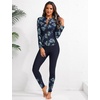 image:imageIDOPIP Modest Swimsuits for Women 2 Piece Long Sleeve Rash Guard Shirt Pants UPF 50 Full Body Muslim Burkini Bathing SuitsNavy Blue Leaves