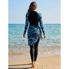 image:imageIDOPIP Muslim Burkini Swimsuit for Women One Piece Swimsuit Tummy Control Print Long Sleeve Rash Guard Modest Bathing SuitBlackblue