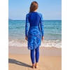 image:imageIDOPIP Muslim Burkini Swimsuit for Women One Piece Swimsuit Tummy Control Print Long Sleeve Rash Guard Modest Bathing SuitBlue