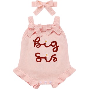 image:imageIDOPIP Baby Girls Embroidered Romper First Birthday Outfit Little Big Sister Knit Sweater Romper Cake Smash Photo Shoot DressPink  Big Sis