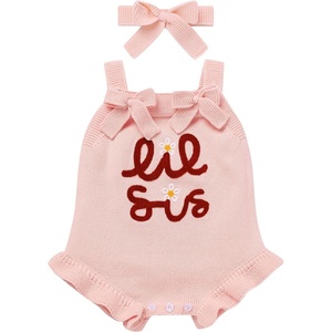 image:imageIDOPIP Baby Girls Embroidered Romper First Birthday Outfit Little Big Sister Knit Sweater Romper Cake Smash Photo Shoot DressPink  Little Sis