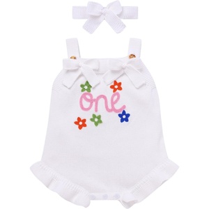 image:imageIDOPIP Baby Girls Embroidered Romper First Birthday Outfit Little Big Sister Knit Sweater Romper Cake Smash Photo Shoot DressWhite One
