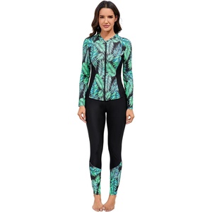 image:imageIDOPIP Modest Swimsuits for Women 2 Piece Long Sleeve Rash Guard Shirt Pants UPF 50 Full Body Muslim Burkini Bathing SuitsGreen Leaves