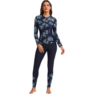 image:imageIDOPIP Modest Swimsuits for Women 2 Piece Long Sleeve Rash Guard Shirt Pants UPF 50 Full Body Muslim Burkini Bathing SuitsNavy Blue Leaves