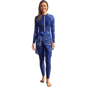 image:imageIDOPIP Muslim Burkini Swimsuit for Women One Piece Swimsuit Tummy Control Print Long Sleeve Rash Guard Modest Bathing SuitNavy Blue