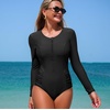 image:imageIDOPIP Womens Long Sleeve One Piece Swimsuits Zipper Wrinkled Rash Guard Swimsuit UV Protection Surfing Bathing SuitBlack