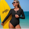 image:imageIDOPIP Womens Long Sleeve One Piece Swimsuits Zipper Wrinkled Rash Guard Swimsuit UV Protection Surfing Bathing SuitBlack