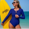 image:imageIDOPIP Womens Long Sleeve One Piece Swimsuits Zipper Wrinkled Rash Guard Swimsuit UV Protection Surfing Bathing SuitBlue
