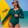 image:imageIDOPIP Womens Long Sleeve One Piece Swimsuits Zipper Wrinkled Rash Guard Swimsuit UV Protection Surfing Bathing SuitGreen