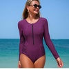 image:imageIDOPIP Womens Long Sleeve One Piece Swimsuits Zipper Wrinkled Rash Guard Swimsuit UV Protection Surfing Bathing SuitPurple