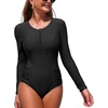 image:imageIDOPIP Womens Long Sleeve One Piece Swimsuits Zipper Wrinkled Rash Guard Swimsuit UV Protection Surfing Bathing SuitBlack