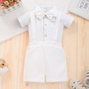image:imageIDOPIP Baby Boy Formal Suit Outfit 3PCS Romper Bowtie Suspender Shorts for Wedding Tuxedo Baptism Cake Smash Birthday 018MWhite