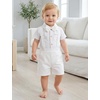 image:imageIDOPIP Baby Boy Formal Suit Outfit 3PCS Romper Bowtie Suspender Shorts for Wedding Tuxedo Baptism Cake Smash Birthday 018MWhite