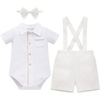 image:imageIDOPIP Baby Boy Formal Suit Outfit 3PCS Romper Bowtie Suspender Shorts for Wedding Tuxedo Baptism Cake Smash Birthday 018MWhite
