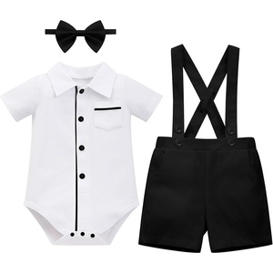 image:imageIDOPIP Baby Boy Formal Suit Outfit 3PCS Romper Bowtie Suspender Shorts for Wedding Tuxedo Baptism Cake Smash Birthday 018MBlack