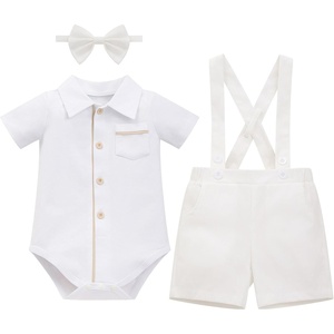 image:imageIDOPIP Baby Boy Formal Suit Outfit 3PCS Romper Bowtie Suspender Shorts for Wedding Tuxedo Baptism Cake Smash Birthday 018MWhite