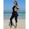 image:imageIDOPIP Muslim Swimsuit for Women Modest Swimwear Burkini 2 Piece Long Sleeve Rash Guard Full Coverage Bathing Suit with PantsBlack Leaves
