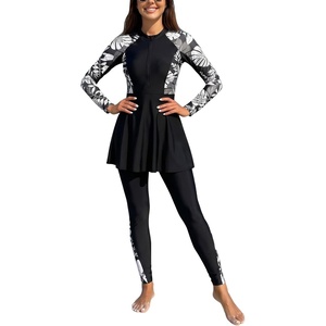 image:imageIDOPIP Muslim Swimsuit for Women Modest Swimwear Burkini 2 Piece Long Sleeve Rash Guard Full Coverage Bathing Suit with PantsBlack Leaves