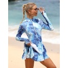 image:imageIDOPIP Women Rash Guard One Piece Swimsuit Bathing Suit Printed Long Sleeve Swimsuits Dress UV UPF 50 Swim Shirt with ShortsBlue