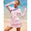 image:imageIDOPIP Women Rash Guard One Piece Swimsuit Bathing Suit Printed Long Sleeve Swimsuits Dress UV UPF 50 Swim Shirt with ShortsPink Leaves