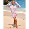 image:imageIDOPIP Women Rash Guard One Piece Swimsuit Bathing Suit Printed Long Sleeve Swimsuits Dress UV UPF 50 Swim Shirt with ShortsPink Leaves