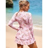 image:imageIDOPIP Women Rash Guard One Piece Swimsuit Bathing Suit Printed Long Sleeve Swimsuits Dress UV UPF 50 Swim Shirt with ShortsPink Leaves