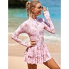 image:imageIDOPIP Women Rash Guard One Piece Swimsuit Bathing Suit Printed Long Sleeve Swimsuits Dress UV UPF 50 Swim Shirt with ShortsPink Leaves