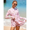 image:imageIDOPIP Women Rash Guard One Piece Swimsuit Bathing Suit Printed Long Sleeve Swimsuits Dress UV UPF 50 Swim Shirt with ShortsPink Leaves