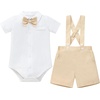 image:imageIDOPIP Baby Boys Formal Suit Gentleman Tuxedo Wedding Outfit Bowtie Romper Suspender Shorts for Baptism Birthday Photo ShootKhaki