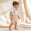 image:imageIDOPIP Baby Boys Formal Suit Gentleman Tuxedo Wedding Outfit Bowtie Romper Suspender Shorts for Baptism Birthday Photo ShootKhaki