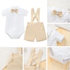 image:imageIDOPIP Baby Boys Formal Suit Gentleman Tuxedo Wedding Outfit Bowtie Romper Suspender Shorts for Baptism Birthday Photo ShootKhaki