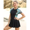 image:imageIDOPIP Rash Guard Swim Dress for Women One Piece Swimsuit Bathing Suit Short Sleeve Swimdress with Shorts Modest SwimwearBlack  Green