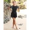 image:imageIDOPIP Rash Guard Swim Dress for Women One Piece Swimsuit Bathing Suit Short Sleeve Swimdress with Shorts Modest SwimwearBlack