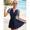 image:imageIDOPIP Rash Guard Swim Dress for Women One Piece Swimsuit Bathing Suit Short Sleeve Swimdress with Shorts Modest SwimwearNavy Blue