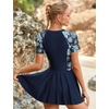 image:imageIDOPIP Rash Guard Swim Dress for Women One Piece Swimsuit Bathing Suit Short Sleeve Swimdress with Shorts Modest SwimwearNavy Blue