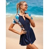image:imageIDOPIP Rash Guard Swim Dress for Women One Piece Swimsuit Bathing Suit Short Sleeve Swimdress with Shorts Modest SwimwearNavy Blue Leaves