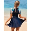image:imageIDOPIP Rash Guard Swim Dress for Women One Piece Swimsuit Bathing Suit Short Sleeve Swimdress with Shorts Modest SwimwearNavy Blue Leaves