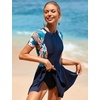 image:imageIDOPIP Rash Guard Swim Dress for Women One Piece Swimsuit Bathing Suit Short Sleeve Swimdress with Shorts Modest SwimwearNavy Blue Leaves