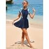image:imageIDOPIP Rash Guard Swim Dress for Women One Piece Swimsuit Bathing Suit Short Sleeve Swimdress with Shorts Modest SwimwearNavy Blue Leaves