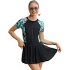 image:imageIDOPIP Rash Guard Swim Dress for Women One Piece Swimsuit Bathing Suit Short Sleeve Swimdress with Shorts Modest SwimwearBlack  Green