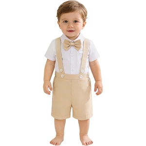 image:imageIDOPIP Baby Boys Formal Suit Gentleman Tuxedo Wedding Outfit Bowtie Romper Suspender Shorts for Baptism Birthday Photo ShootKhaki
