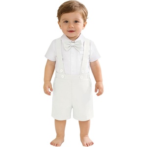 image:imageIDOPIP Baby Boys Formal Suit Gentleman Tuxedo Wedding Outfit Bowtie Romper Suspender Shorts for Baptism Birthday Photo ShootWhite