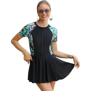 image:imageIDOPIP Rash Guard Swim Dress for Women One Piece Swimsuit Bathing Suit Short Sleeve Swimdress with Shorts Modest SwimwearBlack  Green