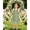 image:imageIDOPIP Toddler Girls Tulle Birthday Dress Floral Embroidered Princess Pageant Summer Smocked Dresses for Party Wedding 16TSage Green Floral