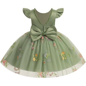 image:imageIDOPIP Flower Girl Lace Dress for Kids Baby Wedding Pageant Birthday Party Dresses Toddler Bead VBackless Bowknot Tulle GownSage Green
