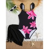 image:imageIDOPIP Girls One Piece Swimsuit with Beach Cover up Wrap Skirt Print Bikini Set 2 Piece Bathing Suit for Kids Swimwear 47TBlack Floral